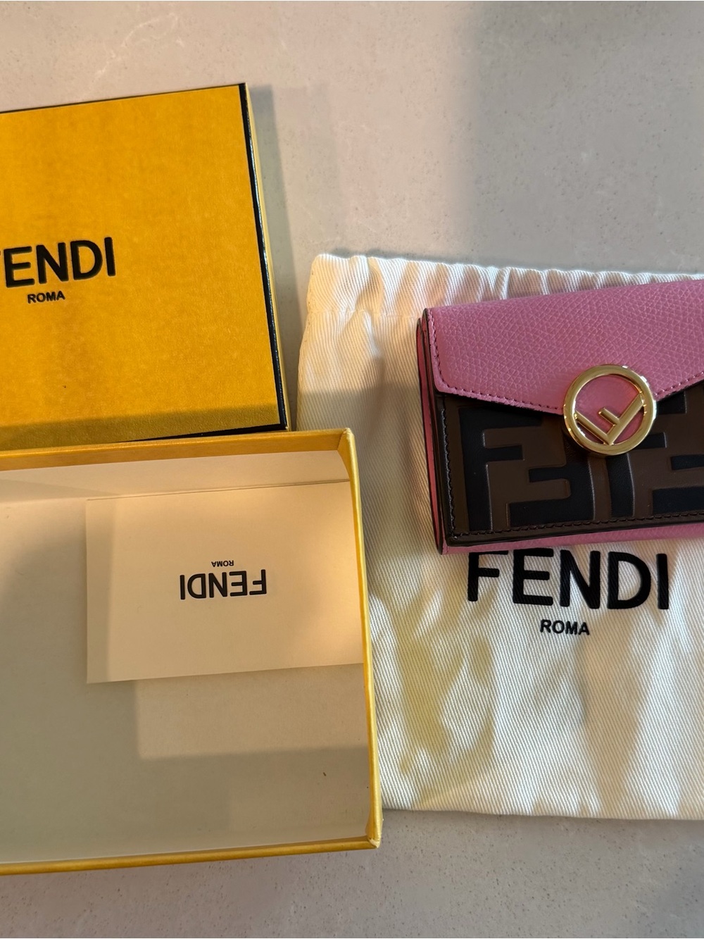 Fendi Pink and Black FF Logo Compact Wallet with Gold-Tone Emblem